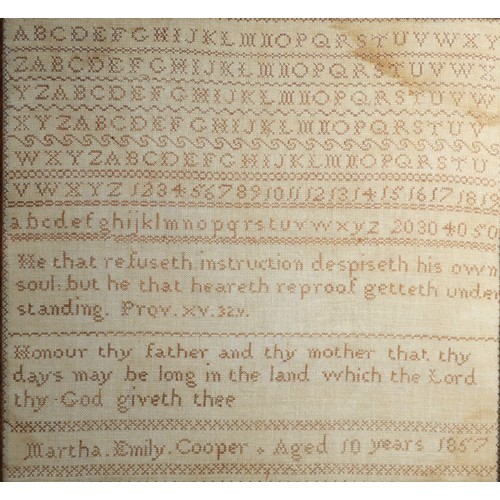 400 - A mid Victorian alphanumeric cross stitch sampler, embroidered by Sarah Ann Duggleby aged 8 August 1... 