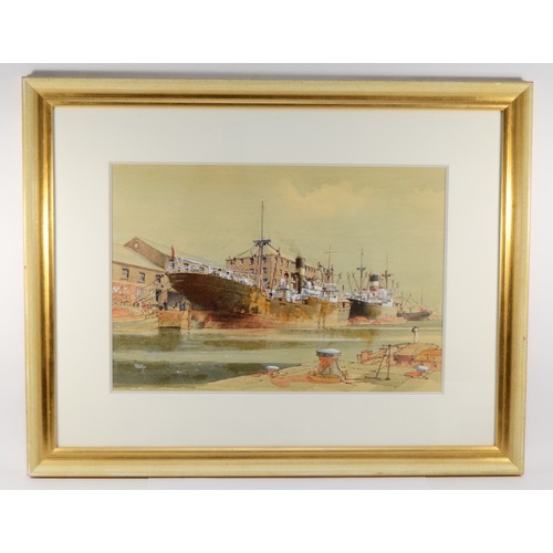 403 - Colin Verity RSMA (British,1924-2011), coastal steamers in harbour, watercolour, signed, 34 x 50cm