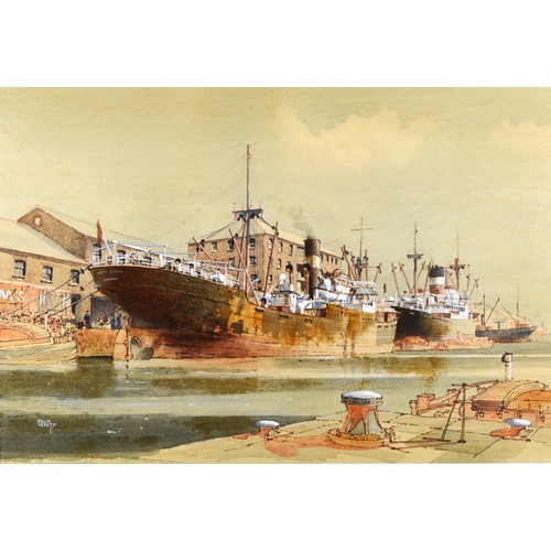 403 - Colin Verity RSMA (British,1924-2011), coastal steamers in harbour, watercolour, signed, 34 x 50cm