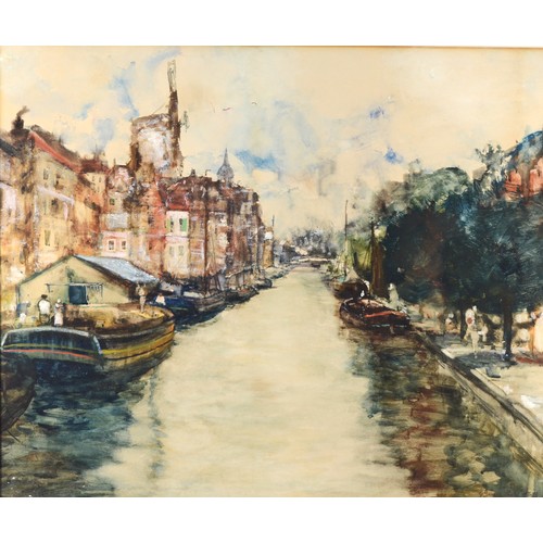 409 - James Kay (Scottish 1858-1942) Rotterdam canal scene, watercolour on paper, framed, 48x56cm