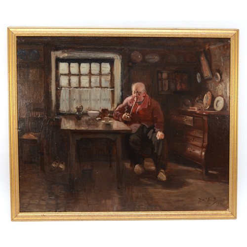 411 - J R Creig, Dutch school, early 20th century, man sitting at the kitchen table, oil on canvas, signed... 