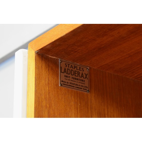 432 - Staples Ladderax, a mid 20th century c1973 three white painted metal and teak three bay modular room... 