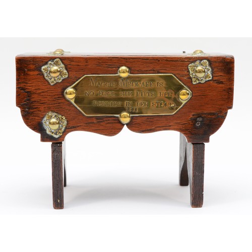 264 - A late 19th/early 20th century apprentice piece money bank in the form of a drop leaf table, raised ... 