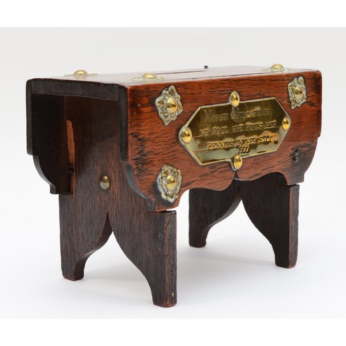 264 - A late 19th/early 20th century apprentice piece money bank in the form of a drop leaf table, raised ... 