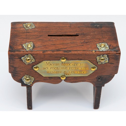 264 - A late 19th/early 20th century apprentice piece money bank in the form of a drop leaf table, raised ... 