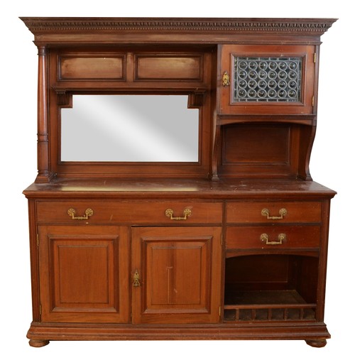 438 - A late 19th century mahogany bevel edged mirror backed sideboard, possibly by Heals, with blind dent... 