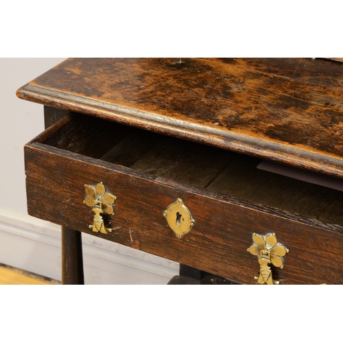 444 - A George III and later adapted oak dresser, with open shelf back raised on twin drawer base with bra... 