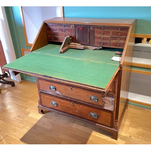 449 - A 19th century inlaid oak fall front bureau, with four graduating drawers below with brass swing han... 