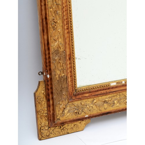 454 - A 19th century gilt painted hanging bevel edged wall mirror, with carved laurel wreath and stylised ... 