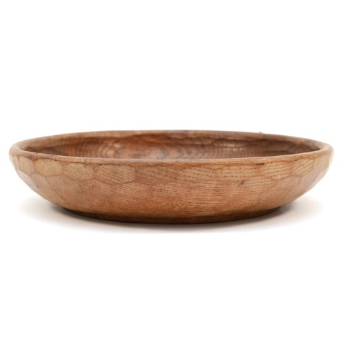 479 - Robert 'Mouseman' Thompson, a 20th century adzed and carved oak shallow fruit bowl, with carved mous... 