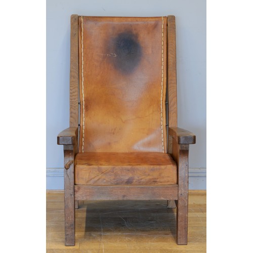 491 - Robert 'Mouseman' Thompson of Kilburn, a mid 20th century carved oak smoking chair with brown leathe... 