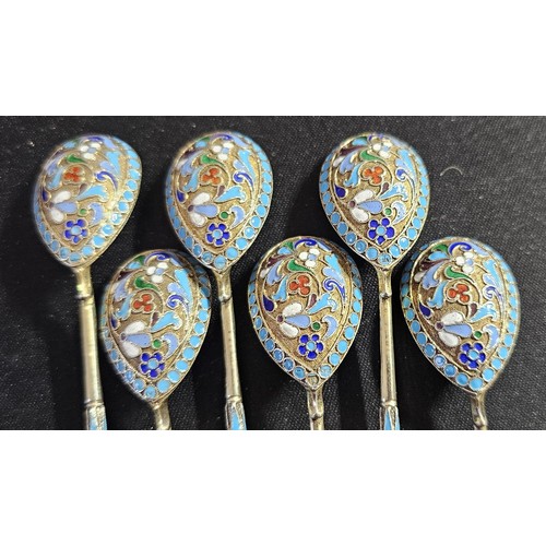 4 - A Russian set of six early 20th century silver gilt champlevé enamel coffee spoons, by Sergey Shapos... 