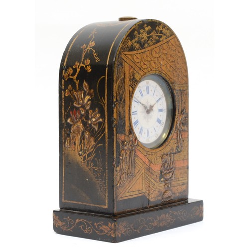 325 - An early 20th century chinoiserie cased dome topped mantle clock, raised on rectangular plinth base ... 