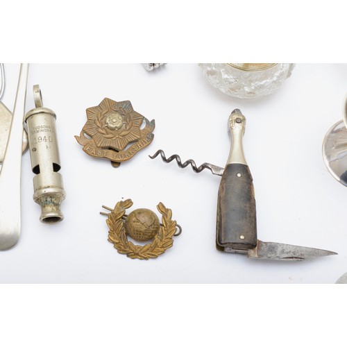 3 - A Moigneaux Pere & Fils champagne bottle corkscrew, a 1940 Hudson whistle, two cap badges, an Egypti... 