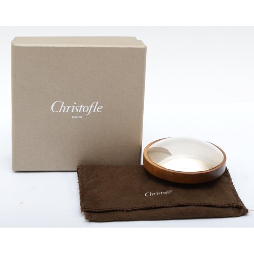 14 - Christofle, a silver plate and wood paperweight, diameter 7cm, pouch, box