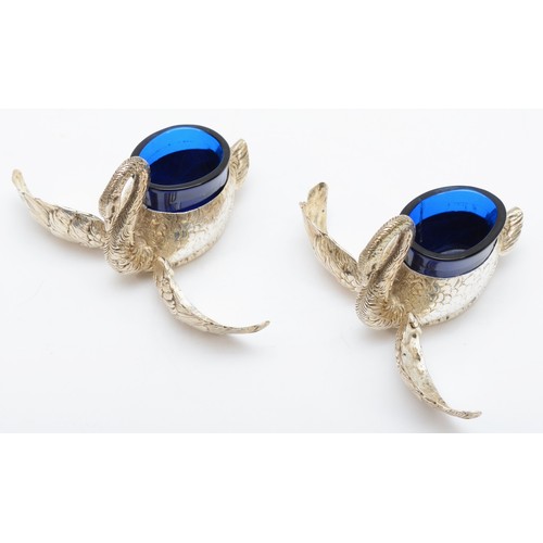 19 - A pair of German silver swan condiments, 800 standard with Crown, articulated wings, blue glass line... 