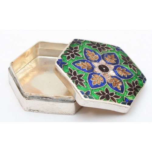 37 - An unmarked silver and enamel octagonal box, with pull off cover, 4cm, 26gm