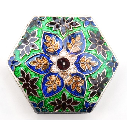 37 - An unmarked silver and enamel octagonal box, with pull off cover, 4cm, 26gm