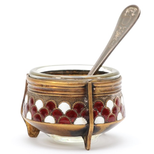 45 - A Russian gilt metal and enamel open salt, post Revolution, with spoon, diameter 4.5cm