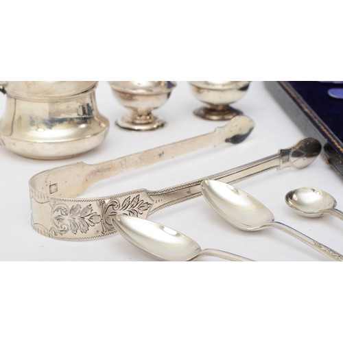 56 - A silver three piece cruet set, Birmingham 1905/07/10, a George III silver pair of sugar tongs, by P... 