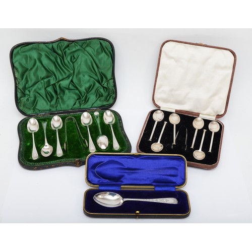 59 - A silver set of hot nail coffee spoons and tongs, Sheffield 1928, cas, a silver christening spoon, S... 