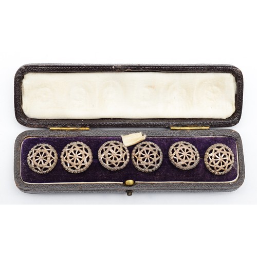 61 - Charles Horner, a set set of six cut silver buttons, Chester 1902, 5.7gm, original connectors and ca... 