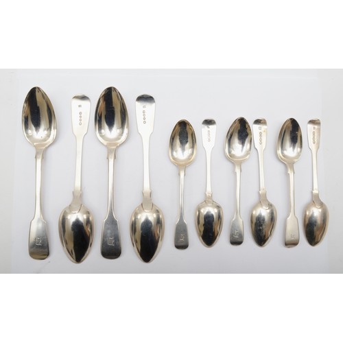 64 - A Victorian set of four fiddle pattern table spoons, London 1846, together with six dessert spoons, ...