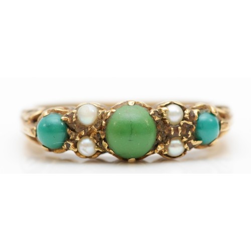 405 - A vintage 9ct gold three stone turquoise ring, half pearls between, U, 3.1gm