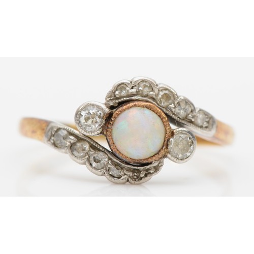 407 - An edwardian 9ct gold opal and old cut diamond three stone ring, diamond set shoulders, M, 2.2gm