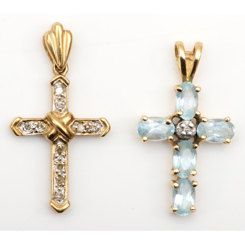 408 - A 9ct gold and diamond cross pendant and a 9ct gold and topaz cross pendant, 2.2gm