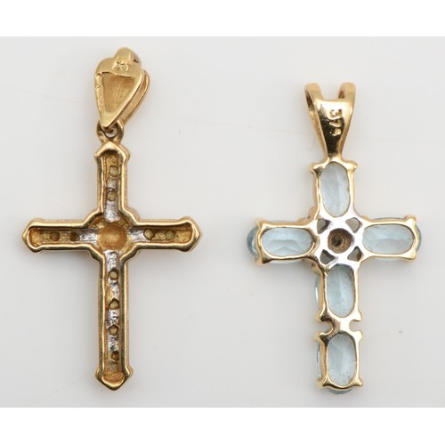 408 - A 9ct gold and diamond cross pendant and a 9ct gold and topaz cross pendant, 2.2gm