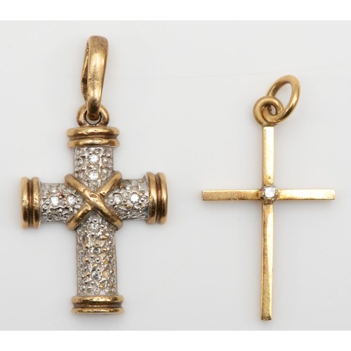 409 - A 9ct gold and diamond cross pendant and another with a single diamond, 3m