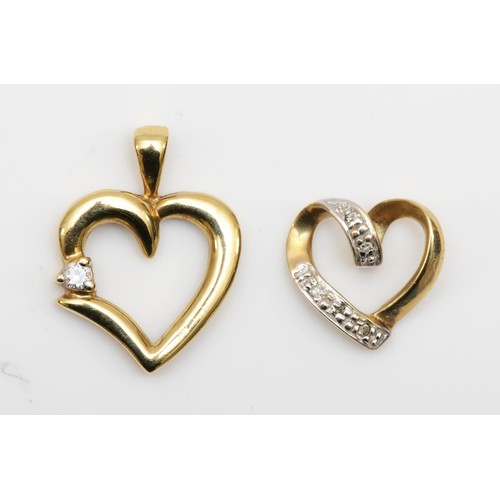 412 - Two 9ct gold and diamond set heart pendants, the largest 20mm, 2.2gm