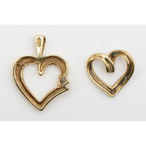 412 - Two 9ct gold and diamond set heart pendants, the largest 20mm, 2.2gm