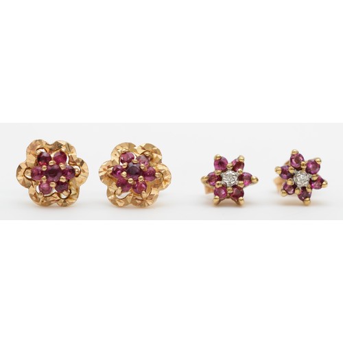 422 - Two pairs of 9ct gold, ruby and diamond ear rings and a ruby pair, 4.2gm