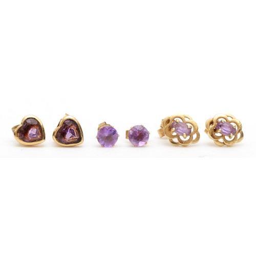 427 - Three pairs of 9ct gold mounted amethyst ear rings, 2.8gm