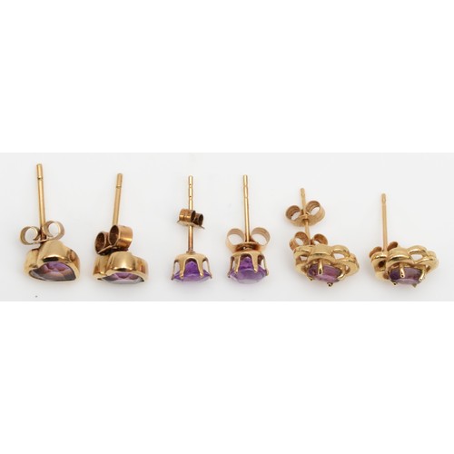 427 - Three pairs of 9ct gold mounted amethyst ear rings, 2.8gm