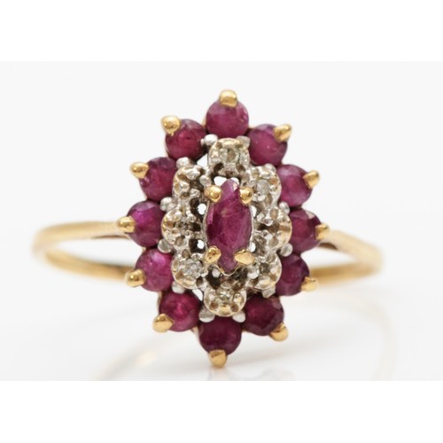 429 - A 9ct gold ruby and diamond cluster ring, Q, 2gm