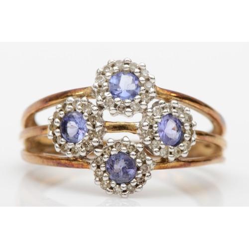 430 - A 9ct gold tanzanite and diamond cluster ring, N, 2.6gm