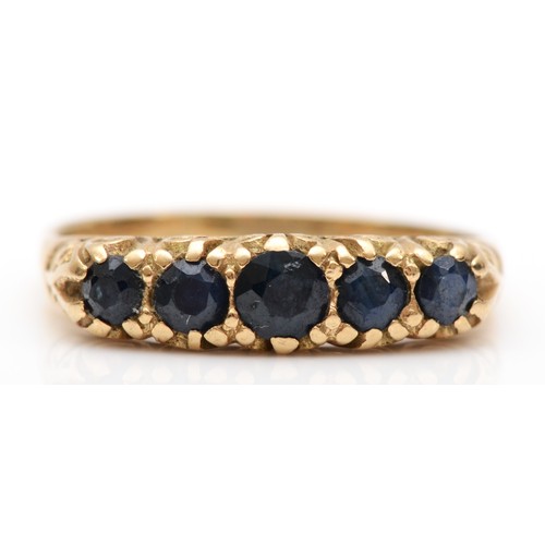 448 - A vintage 9ct gold five stone sapphire ring, O,  2.1gm