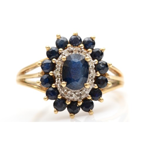 449 - A 9ct gold sapphire and diamond cluster ring, R, 3.6gm