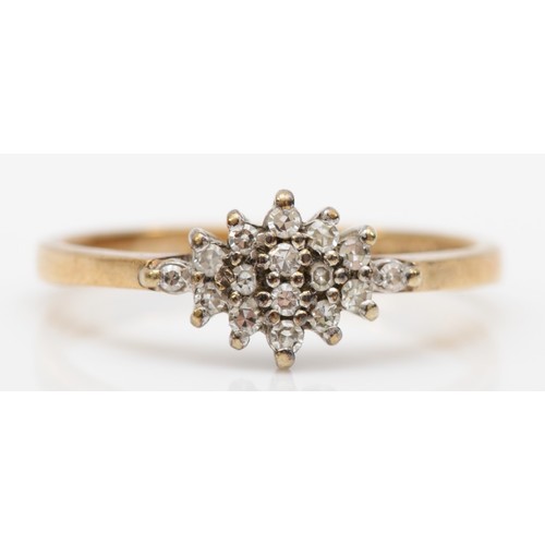 454 - A 9ct gold and diamond cluster ring, M, 1.8gm