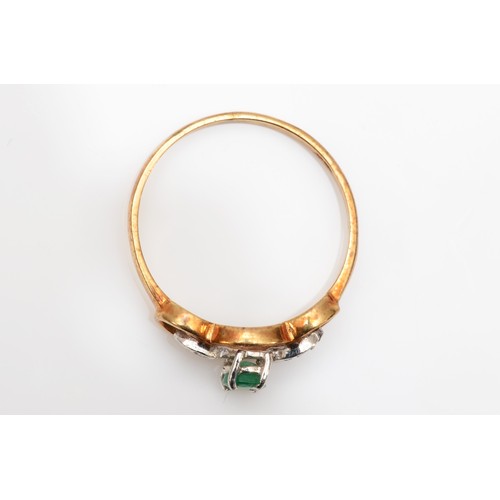 456 - A vintage 9ct gold emerald and diamond three stone ring, L, 1.4gm