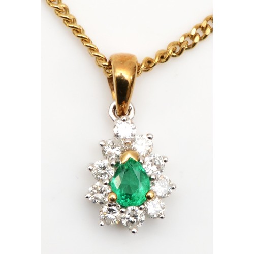 461 - An 18ct gold brilliant cut diamond and emerald pear shape cluster pendant, very good colour stones, ... 