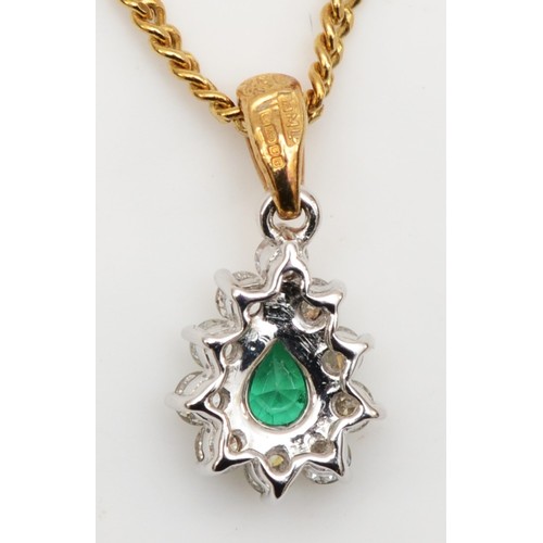 461 - An 18ct gold brilliant cut diamond and emerald pear shape cluster pendant, very good colour stones, ... 