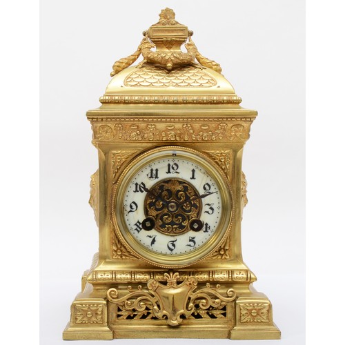Japy Freres, a late 19th century French brass ornate mantel clock, with Mercury side panels, signed movement, striking on a gong, pendulum, 27cm