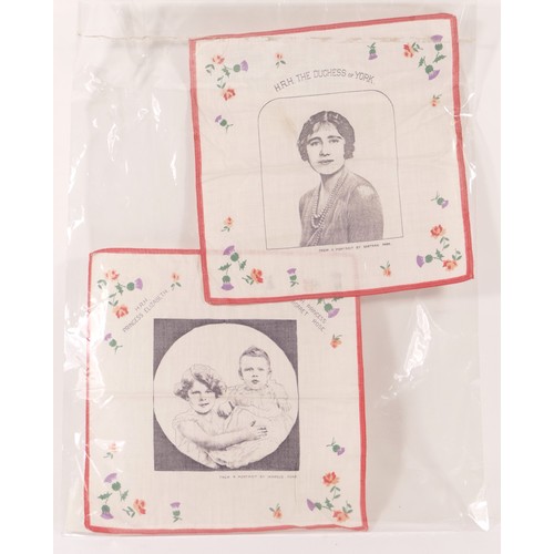 250 - Two mid 20th century handkerchiefs, one decorated with Duchess of York, other with Princess Elizabet... 