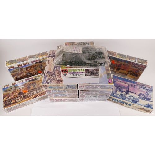 64 - Science treasury, nine plastic 1:72 kits of military models, two 01, 04, two 08, 09, two 12, 16, als... 