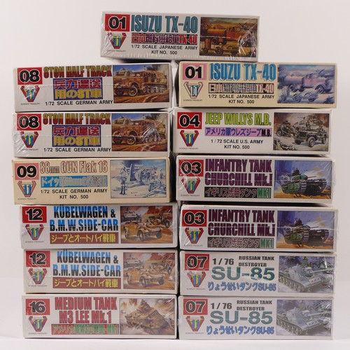 64 - Science treasury, nine plastic 1:72 kits of military models, two 01, 04, two 08, 09, two 12, 16, als... 