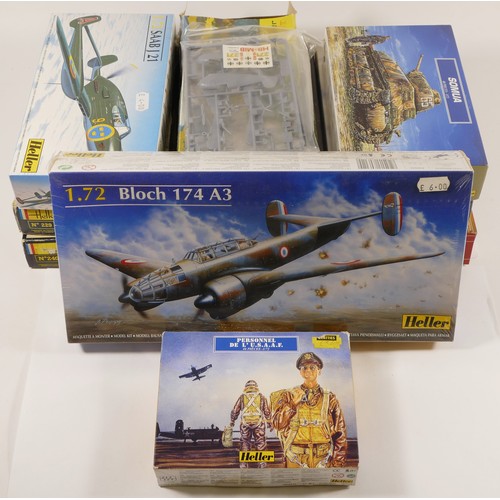 65 - Heller, ten plastic 1:72 kits of aviation models, 80261, 80312, 79648, 80279, 80217, 229, 240, 078, ... 